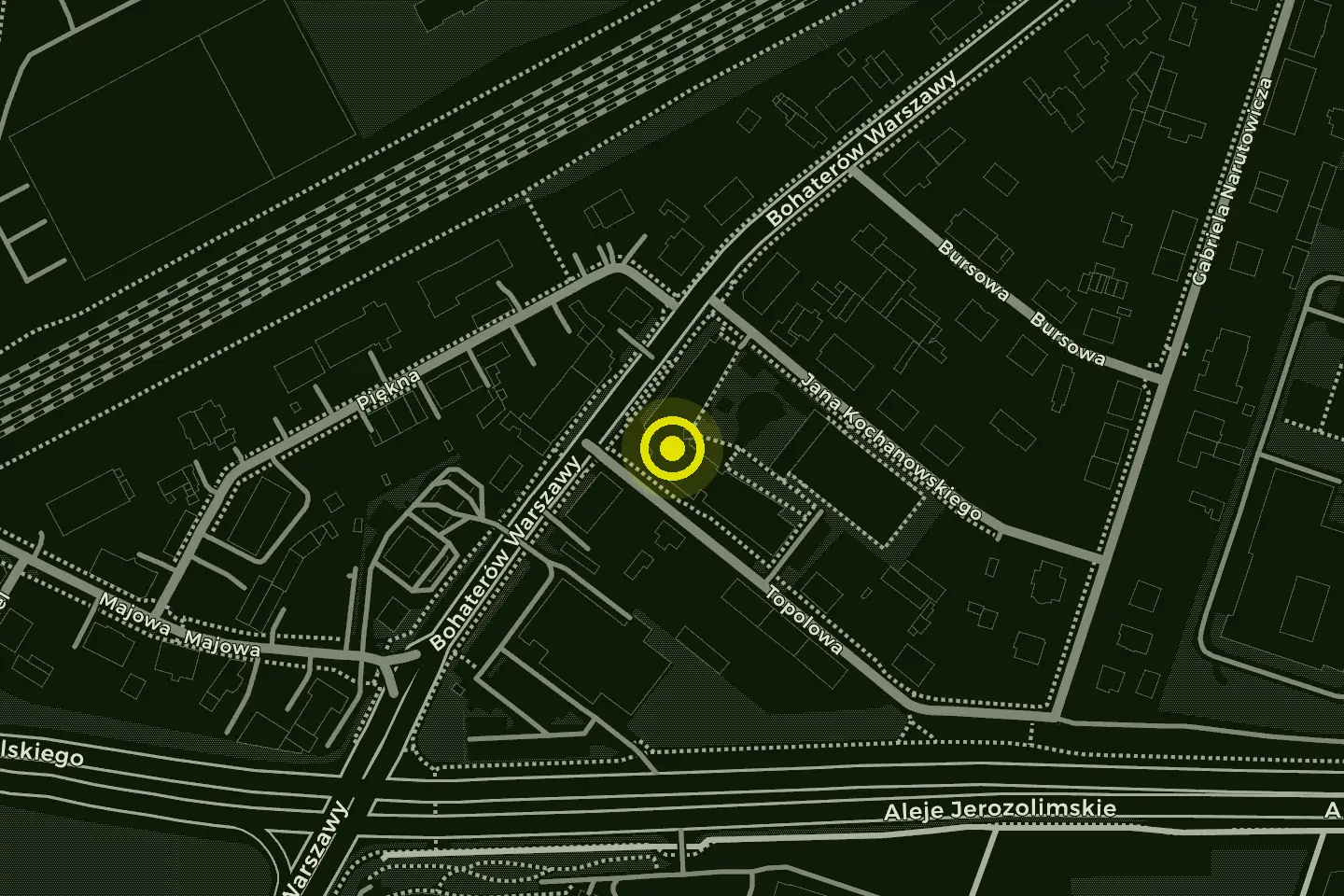 Mapa okolicy dojo: ul. Topolowa 10 w Pruszkowie, na Tworkach, między linią kolejową a Alejami Jerozolimskimi.